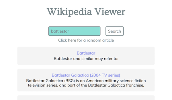 Screenshot of my FreeCodeCamp Wikipedia Viewer project
